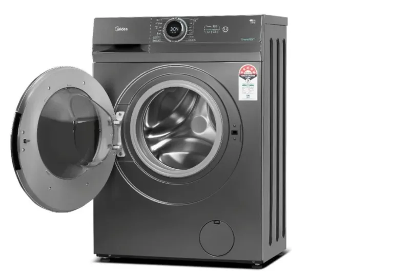 image showing a Midea washing machine with an open drum door