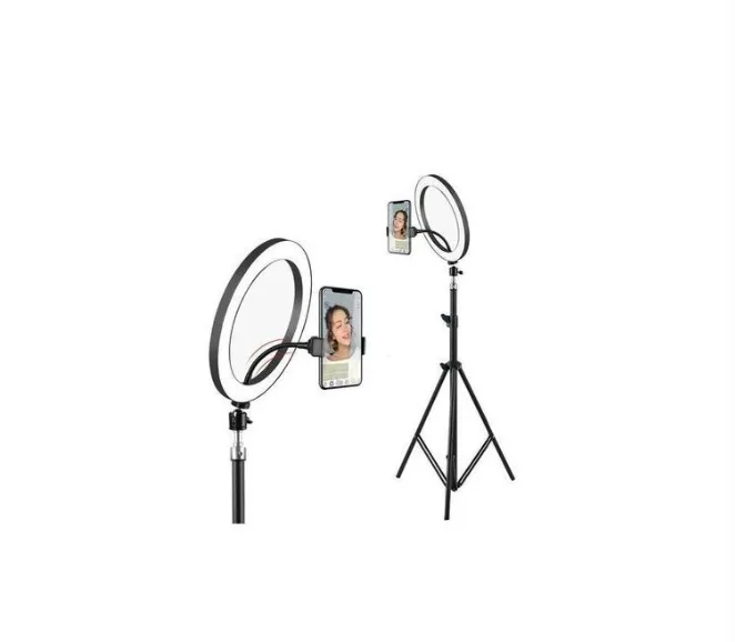 image showing a mid-range tripod stand, with a ring light for smartphone